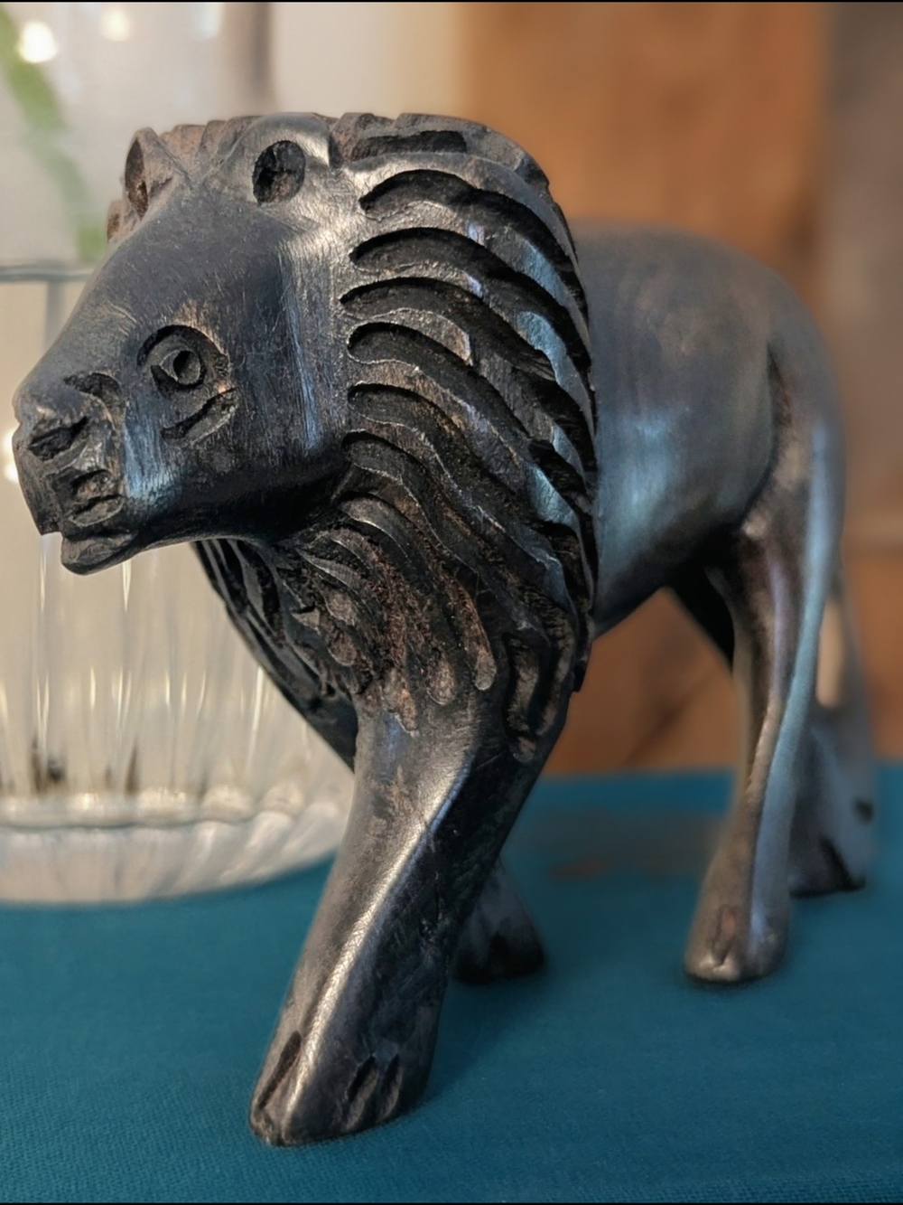Hand Carved Wood Lion Figurine African Ebony Dark Wood Animal Statue Vintage